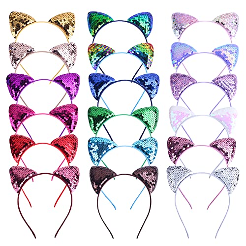 18-Piece Glitter Cat Ear Headband Set - Sparkly Sequin Party Accessories