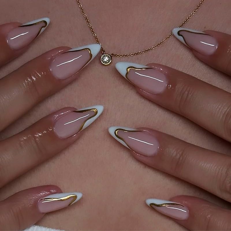 White French Tip Almond Press-On Nails with Gold Wave Designs - 24pcs