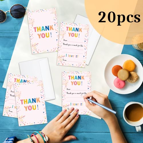 Colorful Kids Thank You Cards with Envelopes - 20 Pack