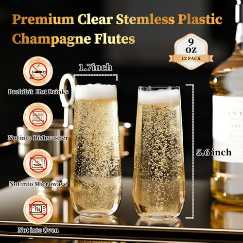 GuanQiao 12 Pack 9oz Stemless Plastic Champagne Flutes - Shatterproof & Reusable