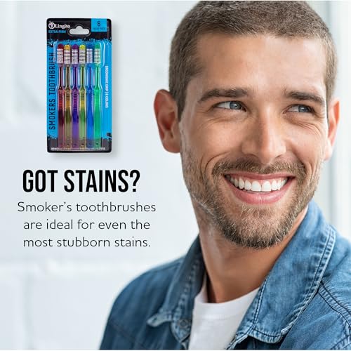 Lingito Extra Firm Manual Toothbrush Set for Smokers - Large Head, Hard Bristles, 6 Pack