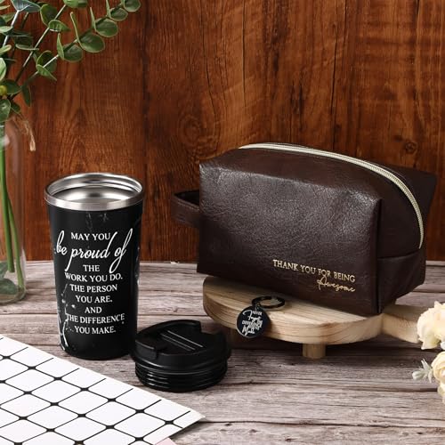 Thank You Gift Set for Men 17 oz Tumbler with Lid + Leather Toiletry Bag, Obsidian Style + Inspirational Keychain (Roshtia)