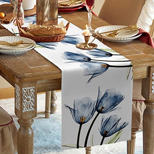 Floral Linen Table Runner - Tulip Blue, 13x72 Inch for Dining Decor
