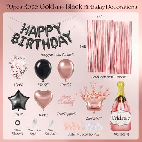 Rose Gold & Black Birthday Party Decorations Set - 60-Piece Kit