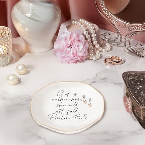 Inspirational Floral Ceramic Jewelry Dish with Bible Verse - 4.6"