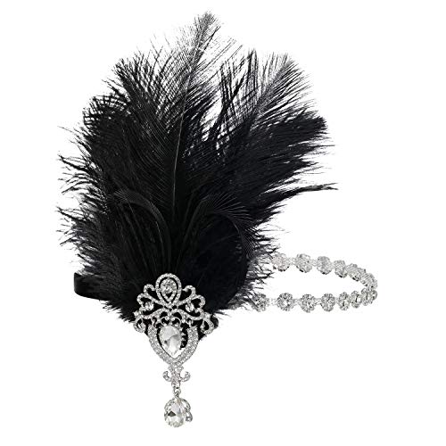 SWEETV 1920s Flapper Headpiece, Black Ostrich Feather Gatsby Hair Accessory