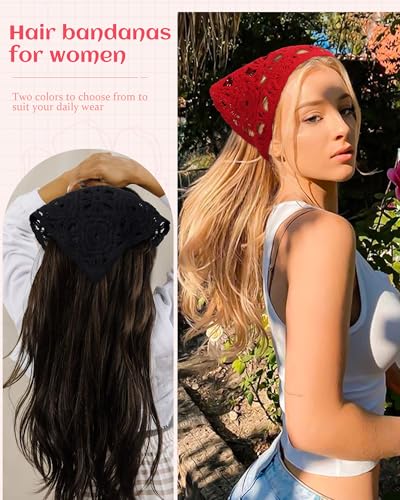 Boho Crochet Hair Bandanas for Women - Black & Red (2 Pcs)