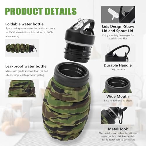 Collapsible 18oz Silicone Travel Water Bottle - Leak Proof, Portable & Foldable for Outdoor Use