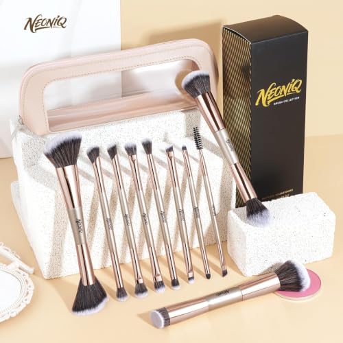 NEONIQ 10-Piece Dual-Ended Makeup Brush Set with Travel Bag