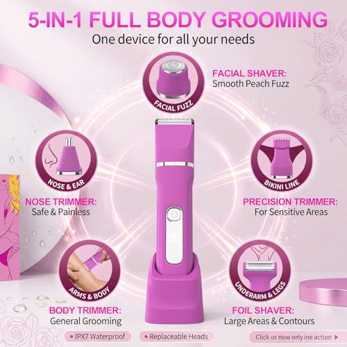 KINGTEE Bikini Trimmer for Women,Electric Shaver for Women, IPX7 Waterproof Razor Shaver,Women's Electric Razor,Intimate Shaver for Women,with 5 Blades,USB-C Rechargeable,Recharge Dock£¨Rose Pink£©