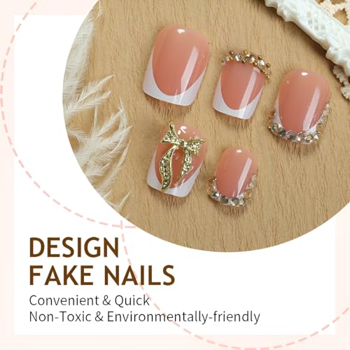 24Pcs Short Square French Tip Press On Nails with Gold Bow Design