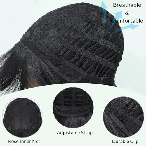 Black Synthetic Long Straight Wigs for Women with Bangs - 28 Inch, Realistic, Heat-Resistant Fiber, Adjustable Cap