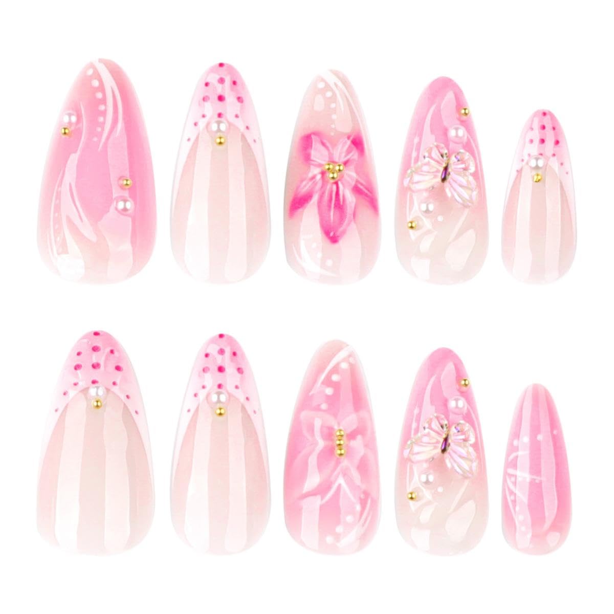 Flower Nail Press Ons - French Tip 3D Floral Butterfly Acrylic Nails | Glossy Pink Medium Almond Full Cover - 24 Pcs