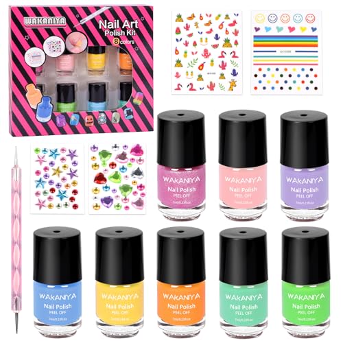 Wakaniya Kids Non-Toxic Quick Dry Peel-Off Nail Polish Kit 8 Colors with Gems & Stickers - Variation A