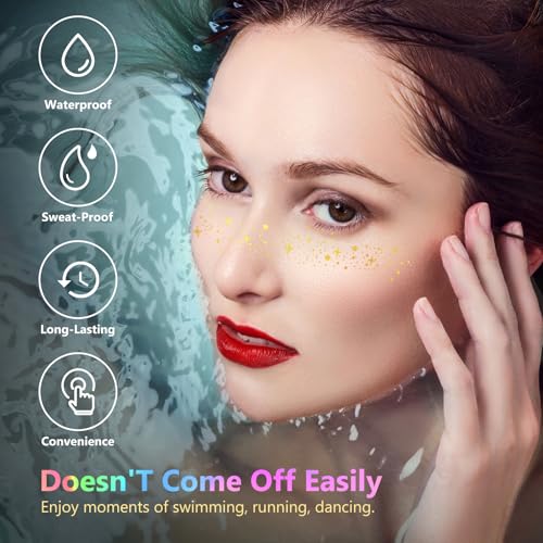 HyperFun Holographic Multicolor & Gold Silver Glitter Freckles Face Stickers 12Pcs Waterproof Makeup Patches for Women Festival Party