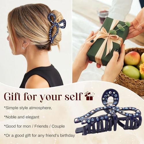 AWAYTR Navy Rhinestone Bow Claw Clip for Thick Hair, 4.3"