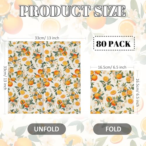 80 Pack Decorative Orange Citrus Napkins - 6.5x6.5 Inch Disposable Paper Napkins for Parties
