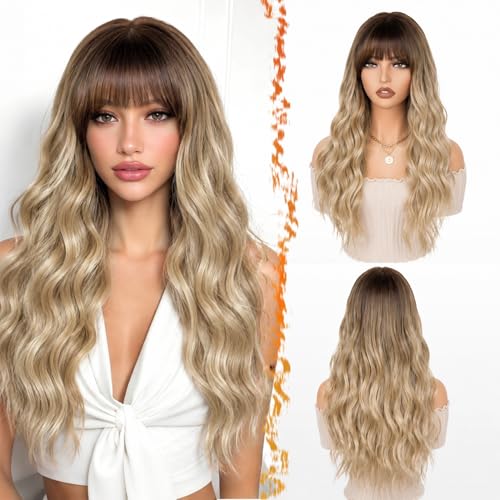 Potoki Ombre Blonde Long Wavy Synthetic Wig with Bangs - 26 Inch