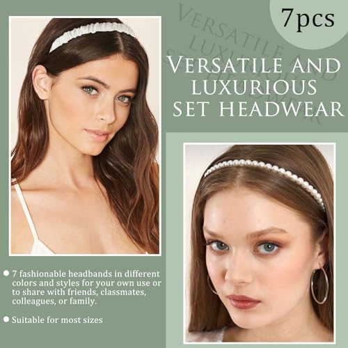 YONOY 7-Piece Fashion Headband Set for Women & Girls, Non-Slip Floral Pearl Wide Headbands (Green)