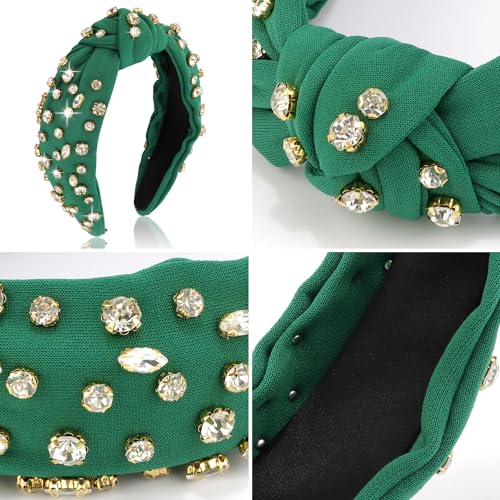 Atoden Green Rhinestone Headband - Women's Wide Top Knot with Clear Beaded Embellishments