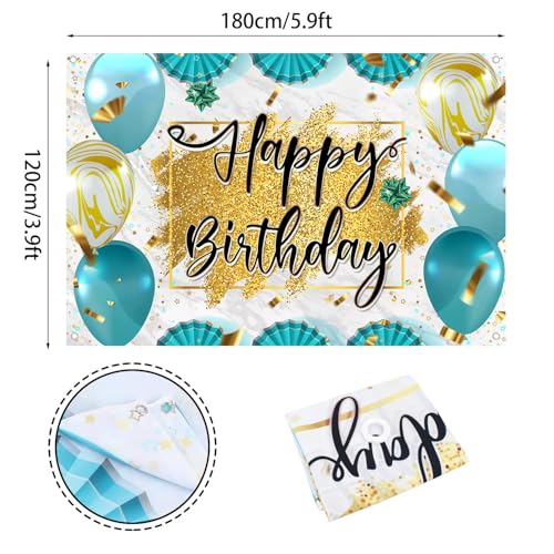 Teal & Gold Happy Birthday Backdrop Banner - 5.9x3.9FT Party Decor