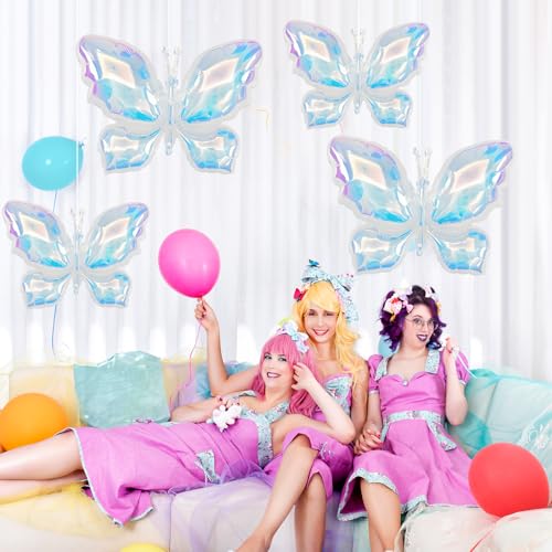 Iridescent Rainbow Butterfly Foil Balloons - 4 Pack for Parties