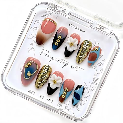Peachoo Handmade Medium Almond Press on Nails, 3D Floral Gold Abstract Art
