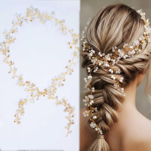 Yean Gold Wedding Hair Vine Long Bridal Headband - 100cm Hair Accessories for Bride & Bridesmaid