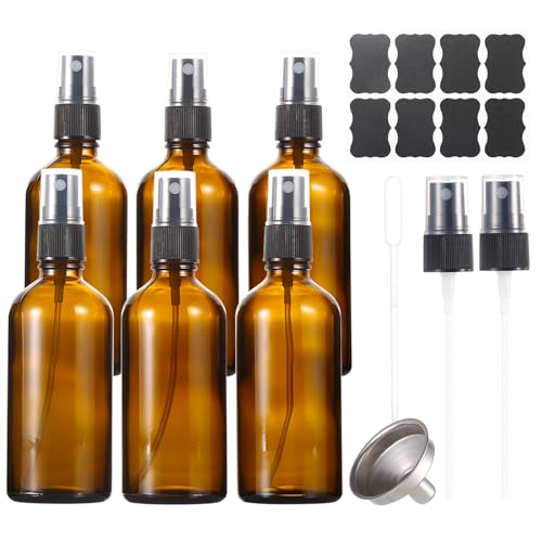 3.4 oz Amber Glass Spray Bottles - 6 Pack Refillable Fine Mist Containers