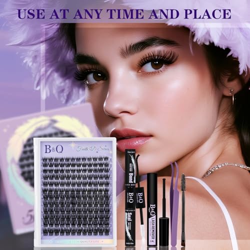 Lash Kit-Feath5D 02 Wispy Clusters with Glue & Tools by B&Qaugen (8-18mm, C Curl, Waterproof)
