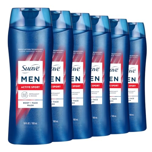 Suave Men Active Sport 2-in-1 Body and Face Wash, 18 oz (Pack of 6)