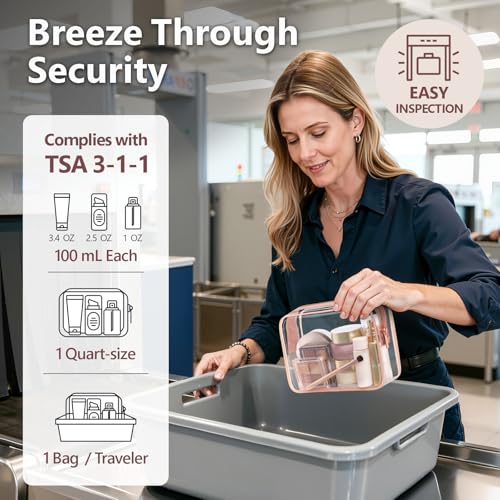 PACKISM TSA Approved Toiletry Bag - Clear Makeup Bag 3 Pack Medium, Metal Smooth Zipper Quart Size Bag for 3-1-1 Liquids, Travel Makeup Bag for Women Men, Airport Airline Compliant Bag, Rose Pink