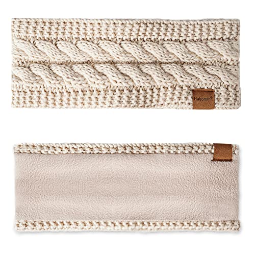 Winter Headbands for Women - Wool Ear Warmers (Black + Beige) - Thick & Fleece Lined