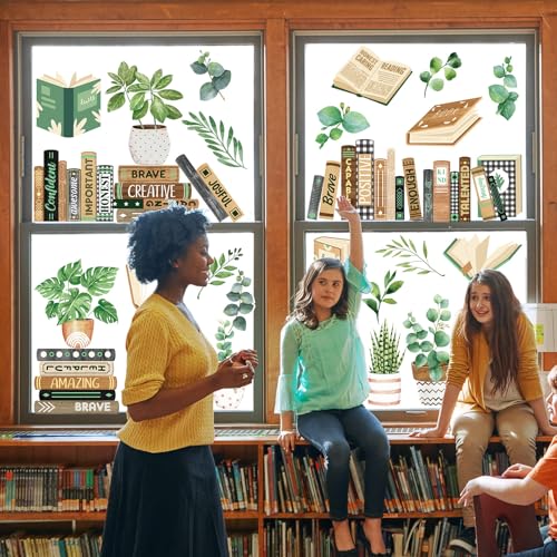 Greenery Window Clings - 8 Reading Decals with Plants for Classroom & Library