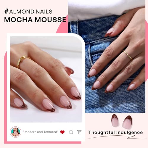 GJZEZ Short Almond Press On Nails - Soft Gel Fake Nails, Mocha Brown
