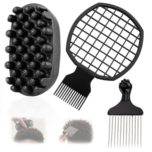 3-Pack Silicone Curling Hair Brush & Afro Pick Set for Natural Hair