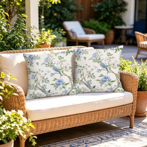 Blue Green Bird Floral Velvet Throw Pillow Covers - Set of 2, 18x18