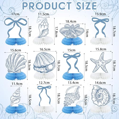 12 Pcs Blue Bow & Seashell Honeycomb Centerpieces for Parties