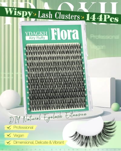 YDAGKH Flora 12-18mm Wispy Natural Cluster Eyelashes - Soft, Fluffy D-Curl Lashes, DIY Volume Extensions, 144 Pcs