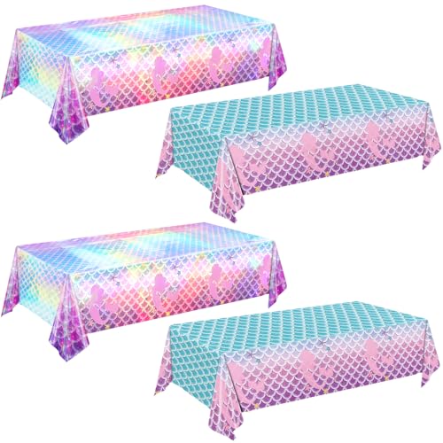 Mermaid Tablecloths - 4 Pack, 54x108 Inch for Birthday Parties