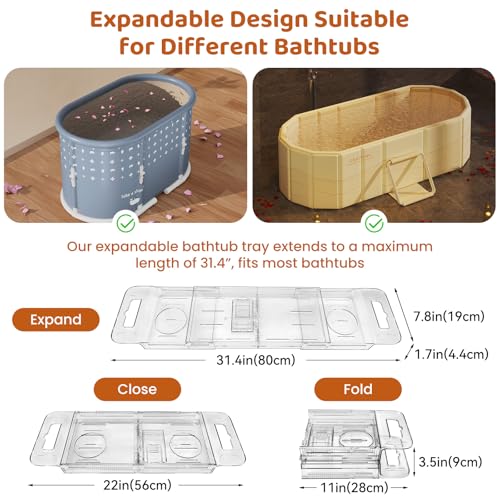 Foldable Acrylic Bathtub Caddy Tray, Expandable Bath Organizer 22-31.4in