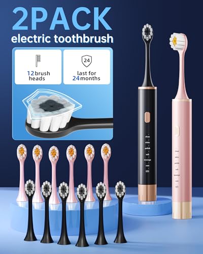 Aneebart Black & Pink Electric Toothbrush for Adults, 2 Pack, 12 Brush Heads, 6 Modes, USB Rechargeable, Smart Timer