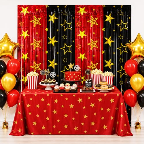 Movie Night Foil Fringe Curtains Backdrop - 2 Pack, 3.3 x 6.6 Ft Red & Black