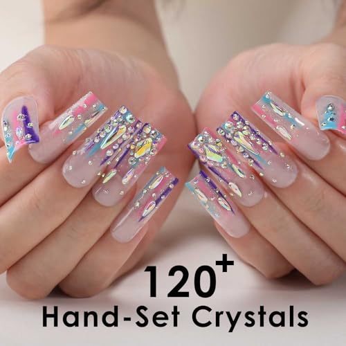 Rainbow Colorful Stripes & Rhinestones Press On Nails - Long Square, Hand-Set, 24 Count