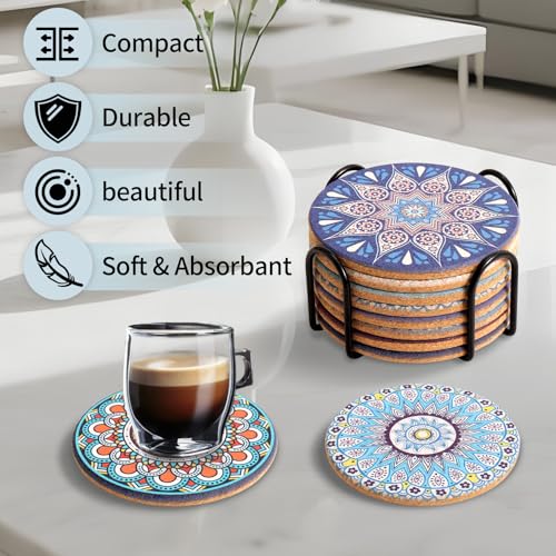 Set of 8 Colorful Boho Cork Coasters with Metal Holder - 4 Inch