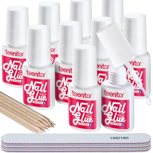 Teenitor Pink Nail Glue - 10 Pack Brush-On Adhesive for Press-On Nails