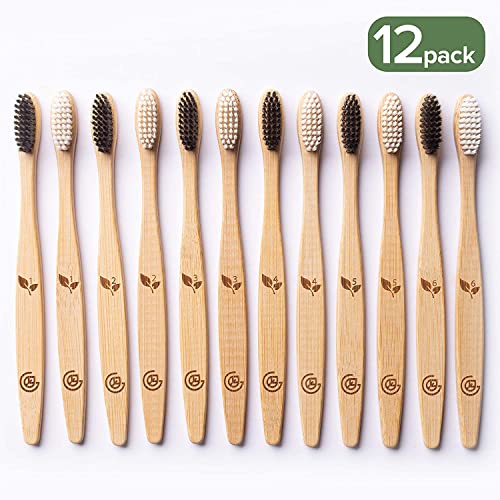 Greenzla Organic Bamboo Toothbrush Set – 12 Pack with Charcoal Bristles