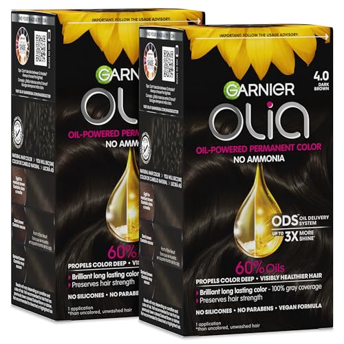 Garnier Olia Hair Color, Ammonia-Free Permanent Hair Dye, Oil-Powered Formula for 100% Gray Coverage and 3x Shinier Hair, Vegan & Cruelty Free, 4.0 Dark Brown, 2 Count