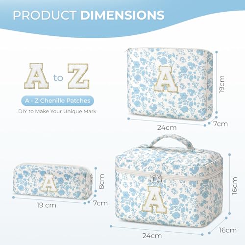 Yestar 3PCS Initial Makeup Bag Set - Quilted Floral Cosmetic Bags, White, M