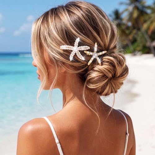 Fashey Starfish Hair Clips Set – Seashell Rhinestone Barrettes for Women